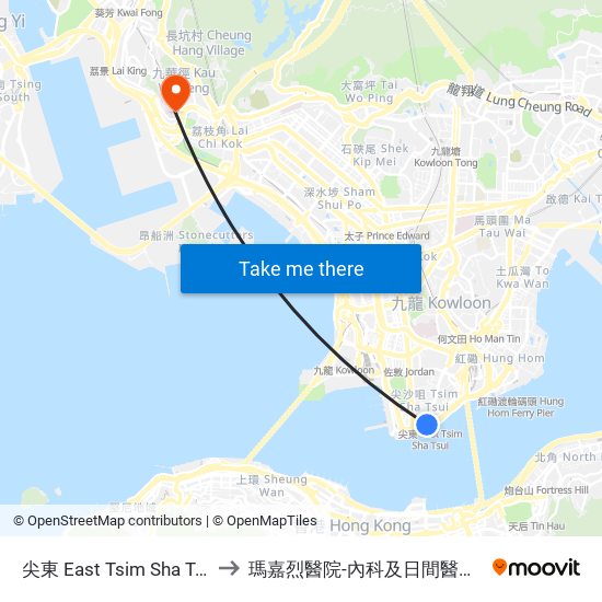 尖東 East Tsim Sha Tsui to 瑪嘉烈醫院-內科及日間醫療樓 map