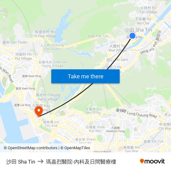 沙田 Sha Tin to 瑪嘉烈醫院-內科及日間醫療樓 map