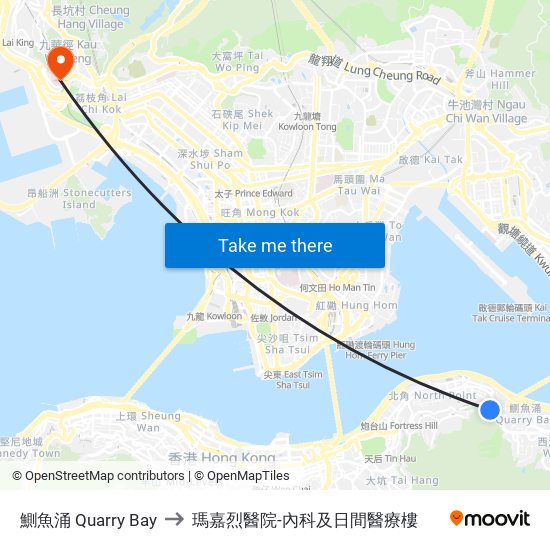 鰂魚涌 Quarry Bay to 瑪嘉烈醫院-內科及日間醫療樓 map