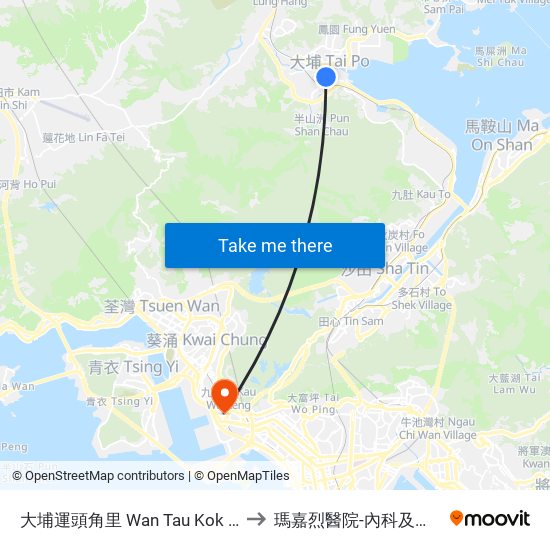 大埔運頭角里 Wan Tau Kok Lane Tai Po to 瑪嘉烈醫院-內科及日間醫療樓 map