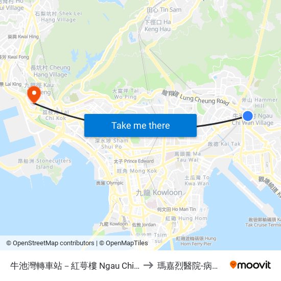 牛池灣轉車站－紅萼樓 Ngau Chi Wan Bbi - Hung Ngok House to 瑪嘉烈醫院-病理學及醫療支援樓 map