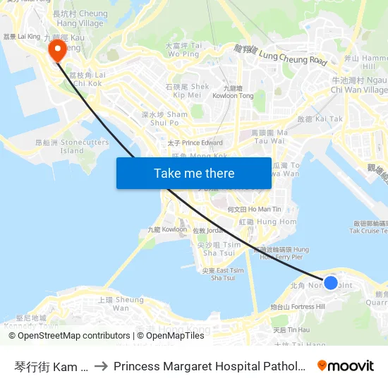 琴行街 Kam Hong Street to Princess Margaret Hospital Pathology & Clinical Support Building map