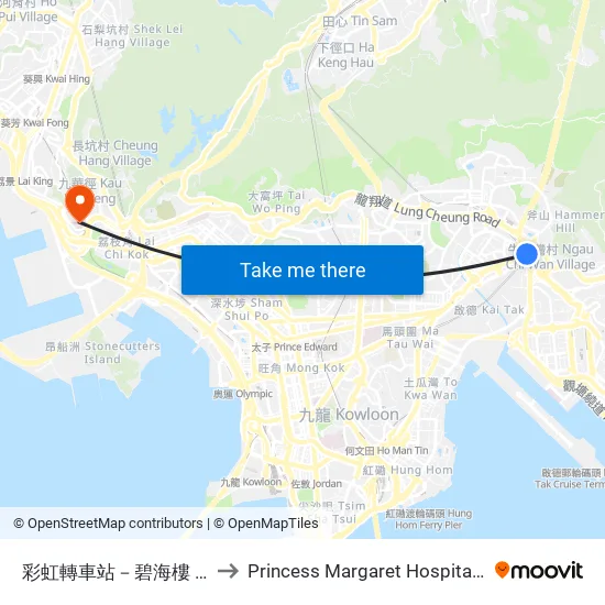 彩虹轉車站－碧海樓 Choi Hung Bbi - Pik Hoi House to Princess Margaret Hospital Pathology & Clinical Support Building map