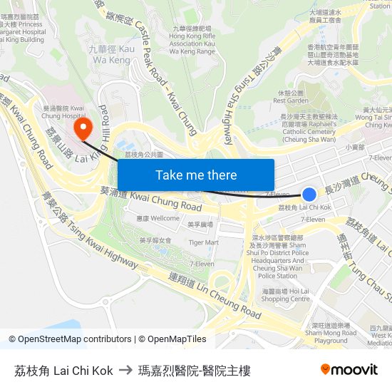 荔枝角 Lai Chi Kok to 瑪嘉烈醫院-醫院主樓 map