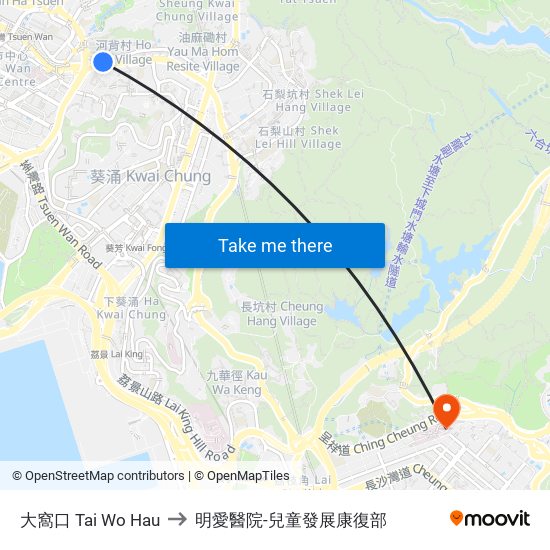 大窩口 Tai Wo Hau to 明愛醫院-兒童發展康復部 map