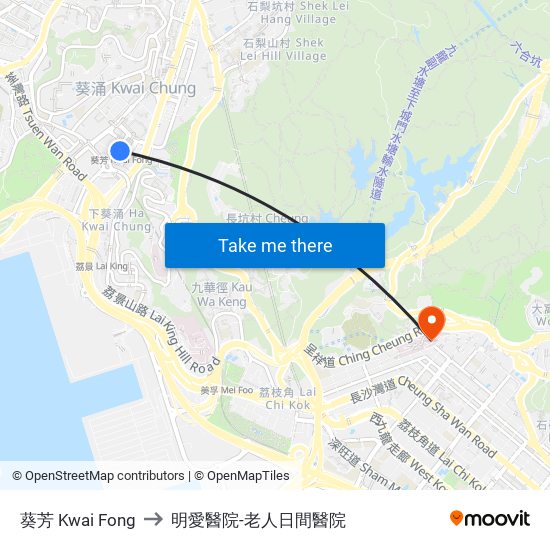 葵芳 Kwai Fong to 明愛醫院-老人日間醫院 map