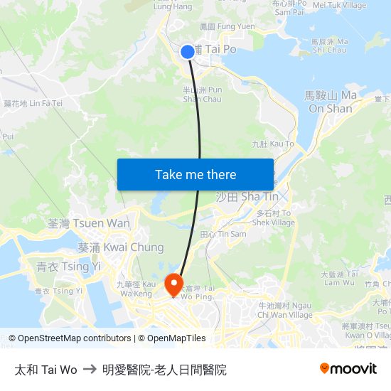 太和 Tai Wo to 明愛醫院-老人日間醫院 map