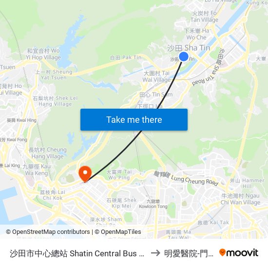 沙田市中心總站 Shatin Central Bus Terminus to 明愛醫院-門診部 map