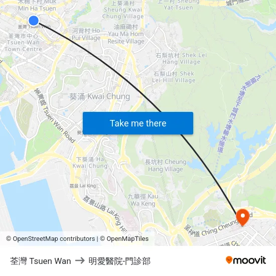 荃灣 Tsuen Wan to 明愛醫院-門診部 map