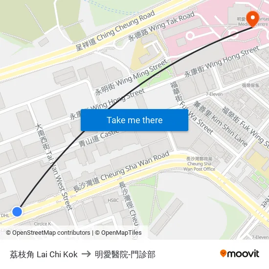 荔枝角 Lai Chi Kok to 明愛醫院-門診部 map