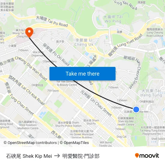 石硤尾 Shek Kip Mei to 明愛醫院-門診部 map