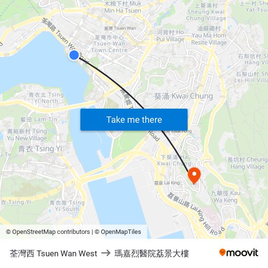 荃灣西 Tsuen Wan West to 瑪嘉烈醫院荔景大樓 map