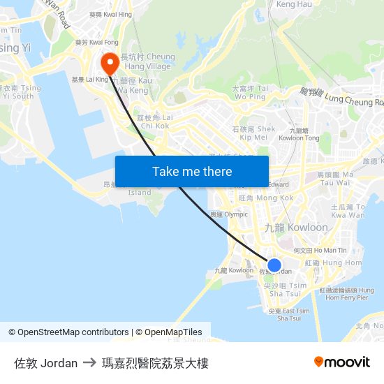 佐敦 Jordan to 瑪嘉烈醫院荔景大樓 map