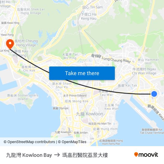 九龍灣 Kowloon Bay to 瑪嘉烈醫院荔景大樓 map