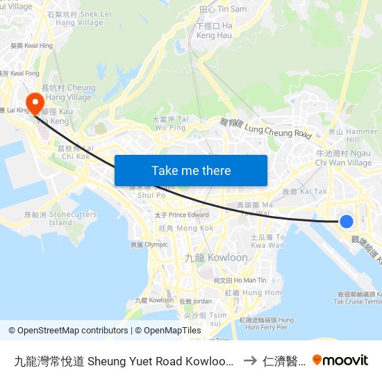 九龍灣常悅道 Sheung Yuet Road Kowloon Bay to 仁濟醫院 map