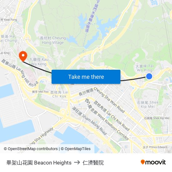 畢架山花園 Beacon Heights to 仁濟醫院 map