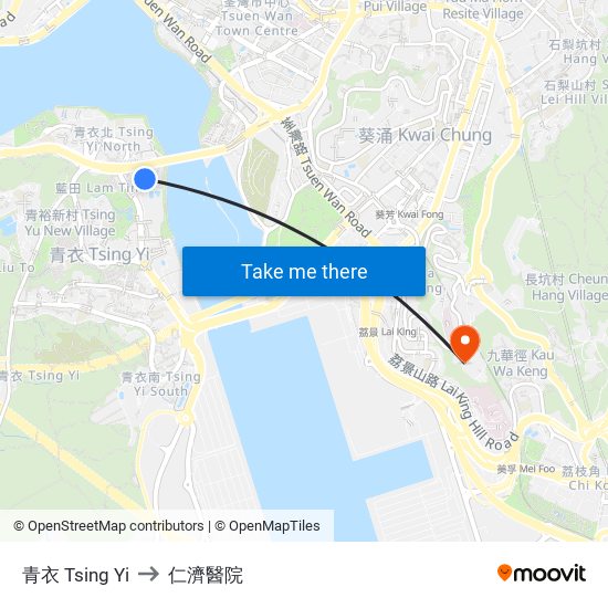 青衣 Tsing Yi to 仁濟醫院 map