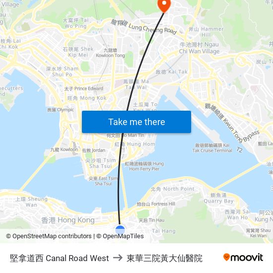 堅拿道西 Canal Road West to 東華三院黃大仙醫院 map