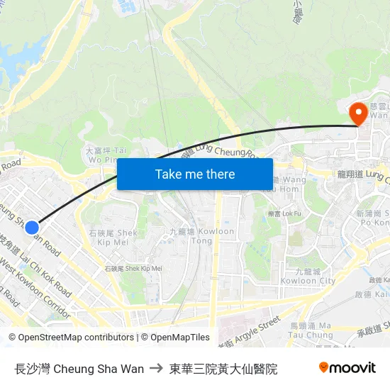 長沙灣 Cheung Sha Wan to 東華三院黃大仙醫院 map
