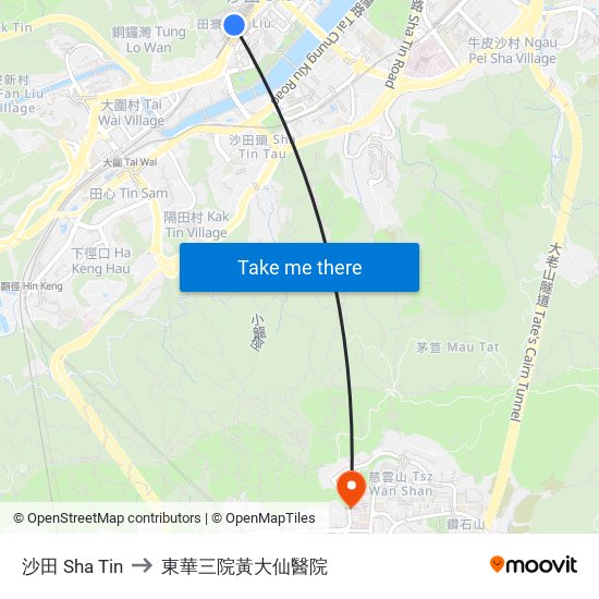 沙田 Sha Tin to 東華三院黃大仙醫院 map