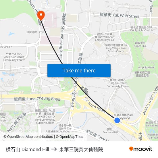 鑽石山 Diamond Hill to 東華三院黃大仙醫院 map