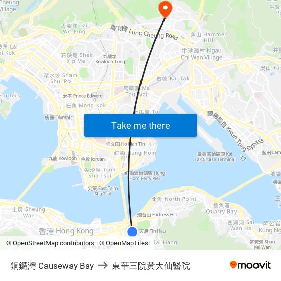 銅鑼灣 Causeway Bay to 東華三院黃大仙醫院 map