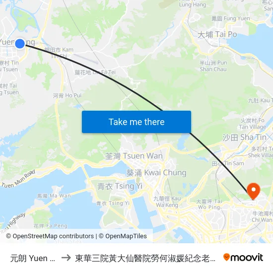 元朗 Yuen Long to 東華三院黃大仙醫院勞何淑媛紀念老人日間醫院 map