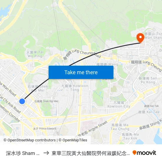 深水埗 Sham Shui Po to 東華三院黃大仙醫院勞何淑媛紀念老人日間醫院 map