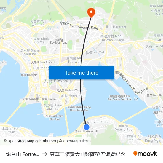 炮台山 Fortress Hill to 東華三院黃大仙醫院勞何淑媛紀念老人日間醫院 map