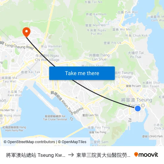 將軍澳站總站 Tseung Kwan O Station Bus Terminus to 東華三院黃大仙醫院勞何淑媛紀念老人日間醫院 map