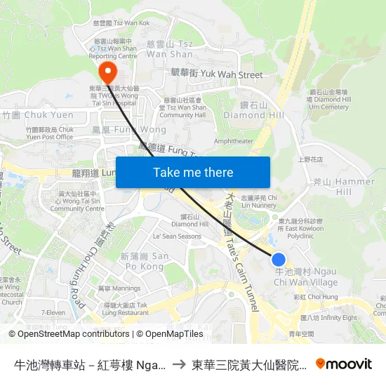牛池灣轉車站－紅萼樓 Ngau Chi Wan Bbi - Hung Ngok House to 東華三院黃大仙醫院勞何淑媛紀念老人日間醫院 map
