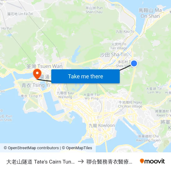大老山隧道 Tate's Cairn Tunnel to 聯合醫務青衣醫療中心 map