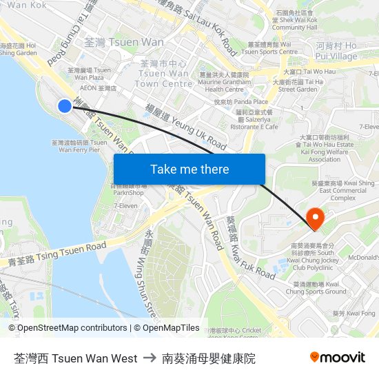 荃灣西 Tsuen Wan West to 南葵涌母嬰健康院 map