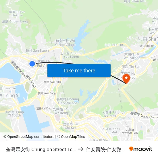 荃灣眾安街 Chung on Street Tsuen Wan to 仁安醫院-仁安微創中心 map