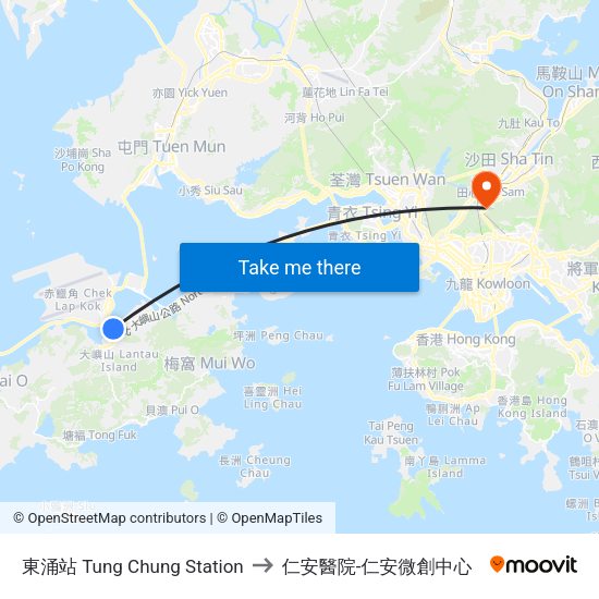 東涌站 Tung Chung Station to 仁安醫院-仁安微創中心 map