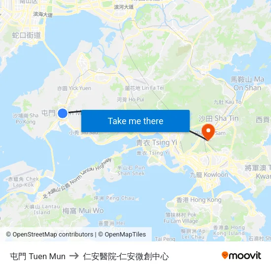屯門 Tuen Mun to 仁安醫院-仁安微創中心 map