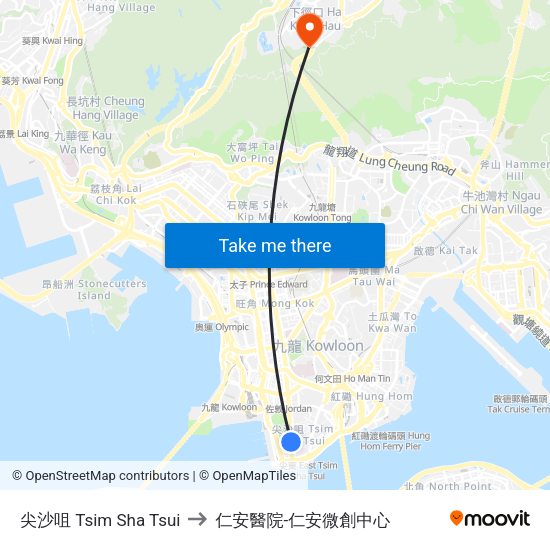 尖沙咀 Tsim Sha Tsui to 仁安醫院-仁安微創中心 map