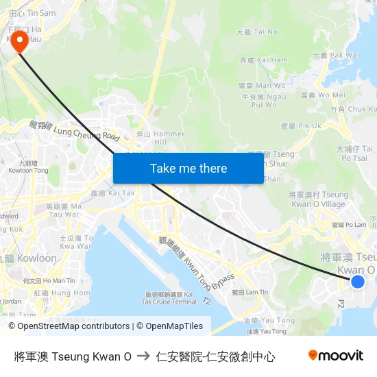 將軍澳 Tseung Kwan O to 仁安醫院-仁安微創中心 map