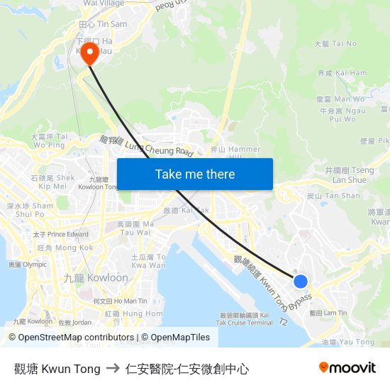 觀塘 Kwun Tong to 仁安醫院-仁安微創中心 map