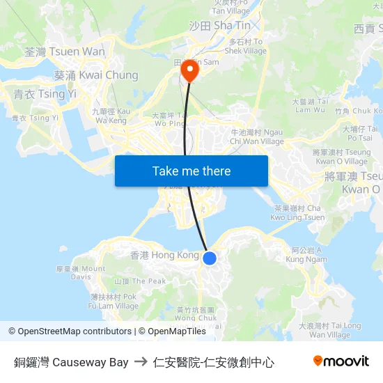 銅鑼灣 Causeway Bay to 仁安醫院-仁安微創中心 map