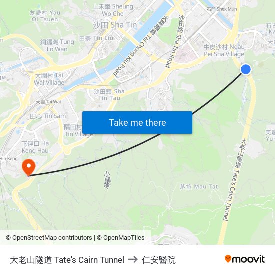 大老山隧道 Tate's Cairn Tunnel to 仁安醫院 map