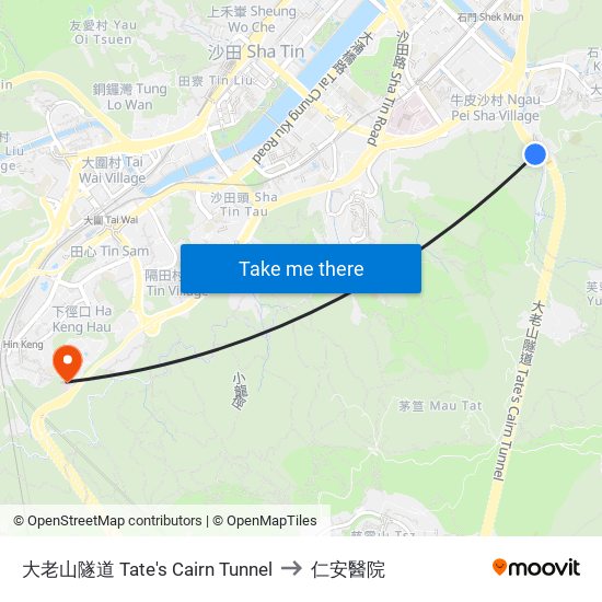 大老山隧道 Tate's Cairn Tunnel to 仁安醫院 map