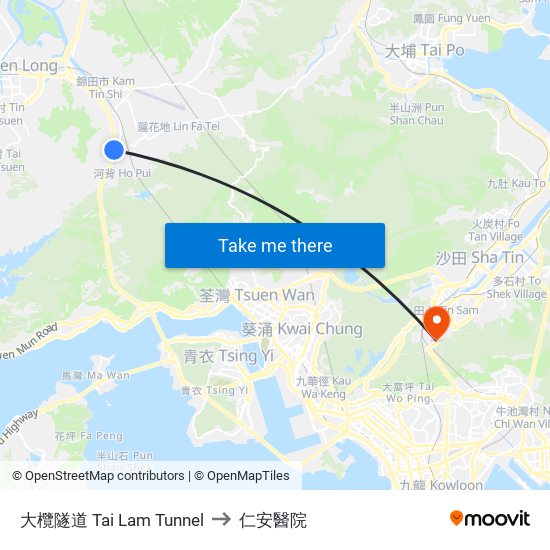 大欖隧道 Tai Lam Tunnel to 仁安醫院 map