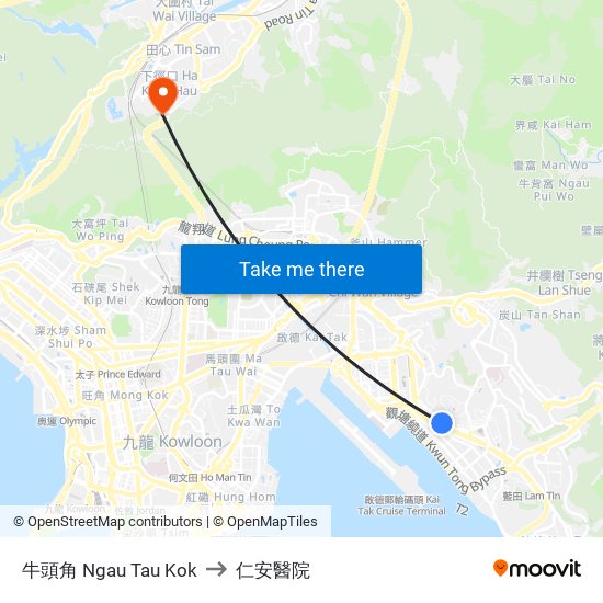 牛頭角 Ngau Tau Kok to 仁安醫院 map