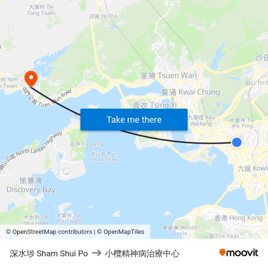 深水埗 Sham Shui Po to 小欖精神病治療中心 map