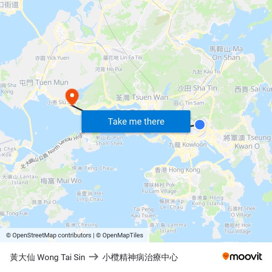 黃大仙 Wong Tai Sin to 小欖精神病治療中心 map