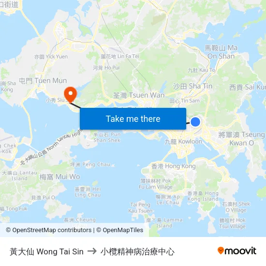 黃大仙 Wong Tai Sin to 小欖精神病治療中心 map