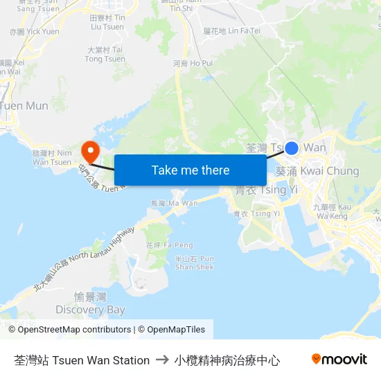 荃灣站 Tsuen Wan Station to 小欖精神病治療中心 map