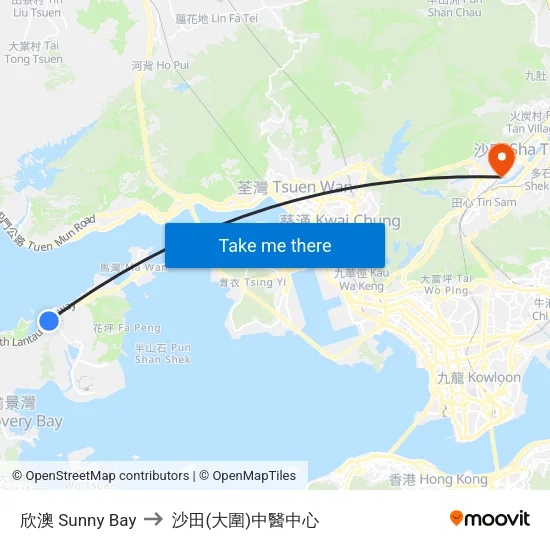 欣澳 Sunny Bay to 沙田(大圍)中醫中心 map