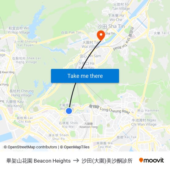 畢架山花園 Beacon Heights to 沙田(大圍)美沙酮診所 map